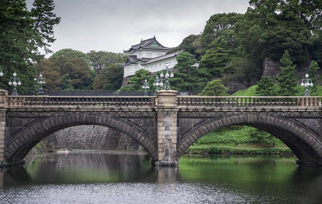 a bridge with a japanese castle